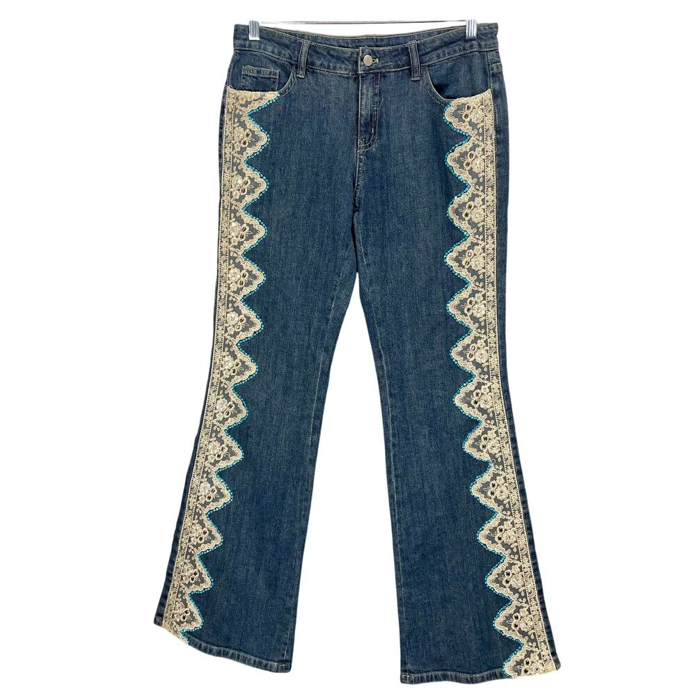 Boston Proper Lace Embellished Bootcut Jeans Rhinestone Hippie Women's Size 12